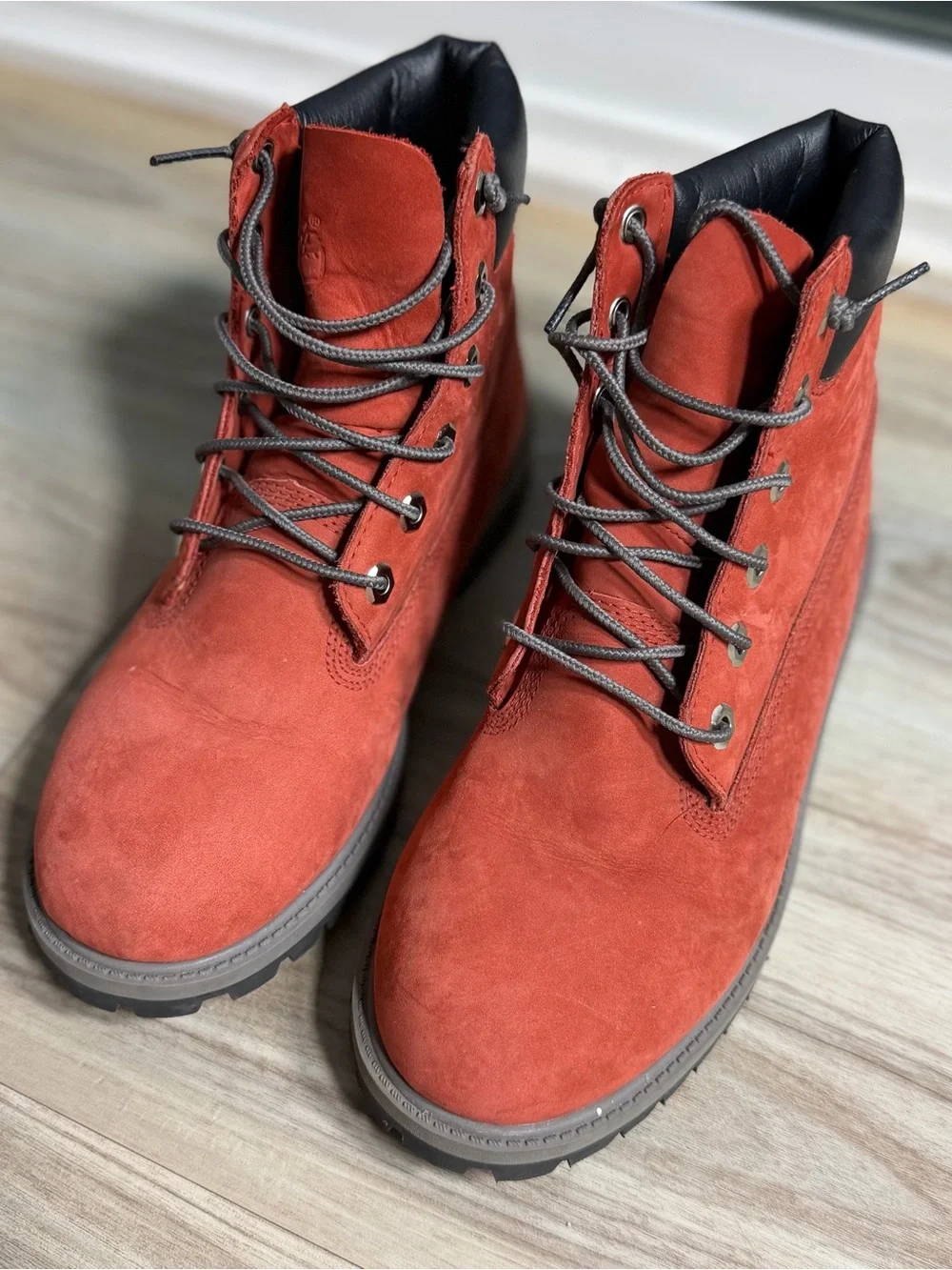 Timberland Red Suede Lace-Up Boots with Black Collar